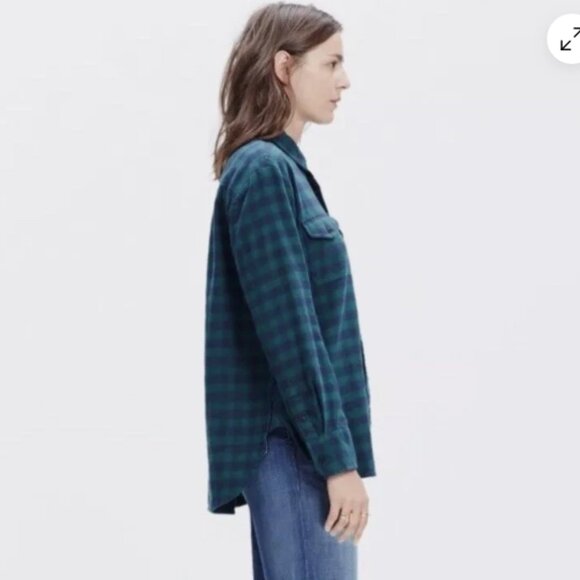 Madewell Womens-M Flannel Cargo Workshirt Plaid Button Down Shirt Blue/Green - Picture 2 of 16